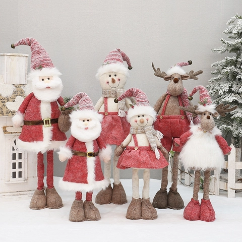 Rosa Strickstoff Einziehbare Weihnachtspuppe Ornamente Weihnachtsmann Schneemann Elch Lange Beine Plüschtier Für Ferienhaus Dekor
