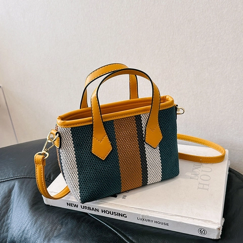 Striped Canvas Woven Handbag For Women Small Contrast Color Tote Bag With Detachable PU Leather Shoulder Strap