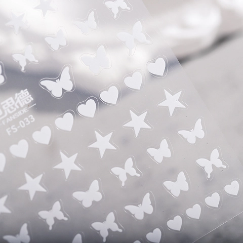 3D White Embossed Nail Stickers Butterfly Star Heart Motifs Self Adhesive Textured Manicure DIY Art Decoration