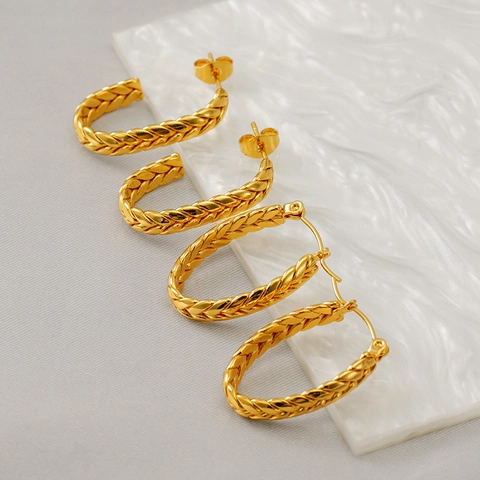 Gevlochten Oorringen 18K Verguld Roestvrij Staal Gedraaide Textuur U Vorm Ovaal Geometrisch Mode Sieraden Voor Dames