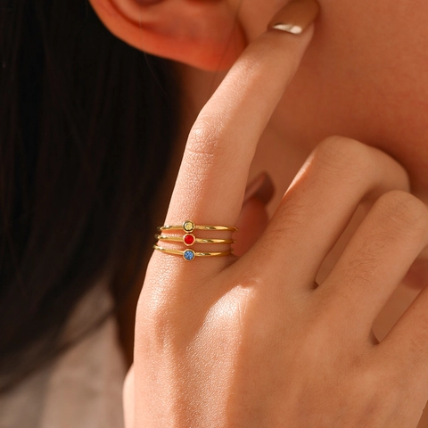 Minimalist Stainless Steel Birthstone Ring Colorful Round Zirconia Geometric Stackable Jewelry For Women