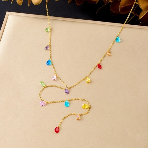 Kleurrijke Druppel Kristal Hanger Ketting Verguld Roestvrij Staal Lange Y-Vormige Ketting Zoete INS Sieraden Voor Dames