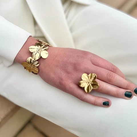 Floral Jewelry Stainless Steel 3D Five-Petal Flower Bracelet Ring Earrings Earcuff Fashion Accessories For Women