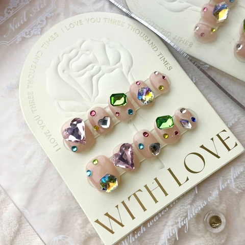 Uñas Postizas Hechas A Mano De Lujo Rosa Nude Diamantes De Imitación Corazón Esmeralda Gema Colorida
