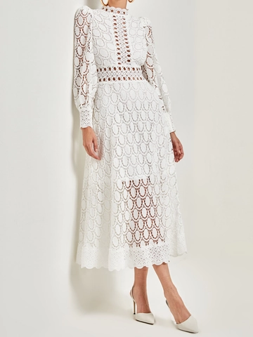 Elegant Lace Embroidery Midi Dress Hollow Out Long Sleeve Mock Neck Slim Fit Party Gown For Women