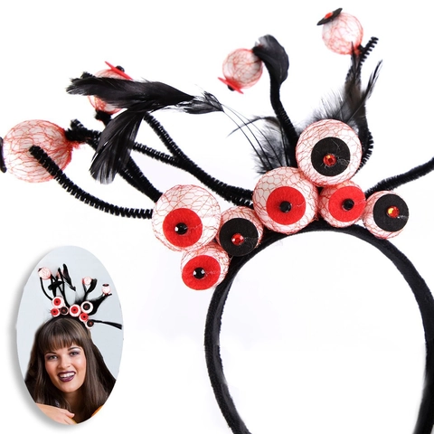 Halloween Eyeball Headband With Black Feathers Scary Horror Ghost Festival Costume Party Decorative Headwear For Adults Kids