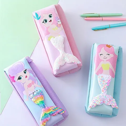 Mermaid Sequin Pencil Case PU Leather Large Capacity Student Stationery Organizer Bag School Supplies For Girls Gift