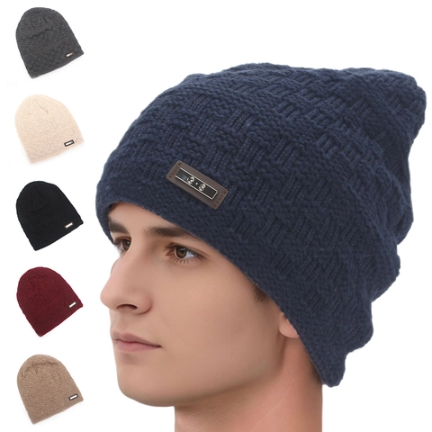 Herren Winter Warm Strickmütze Beanie Mit Fleece-Futter Dick Schachbrettmuster Winddicht Slouchy Skull Cap Outdoor Ski Hut