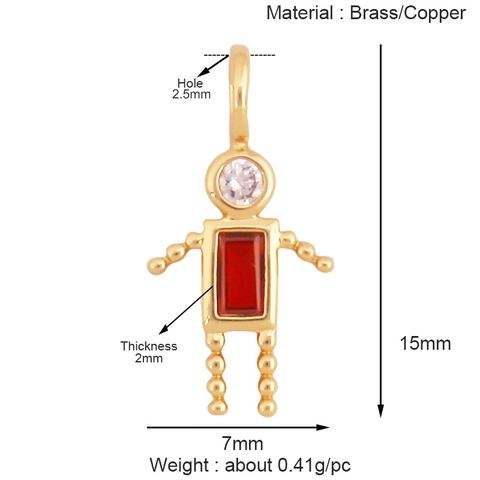 Figure Pendant Brass Zircon 18K Gold Plated Birthstone Boy Girl Robot For DIY Jewelry Making Cute Accessory