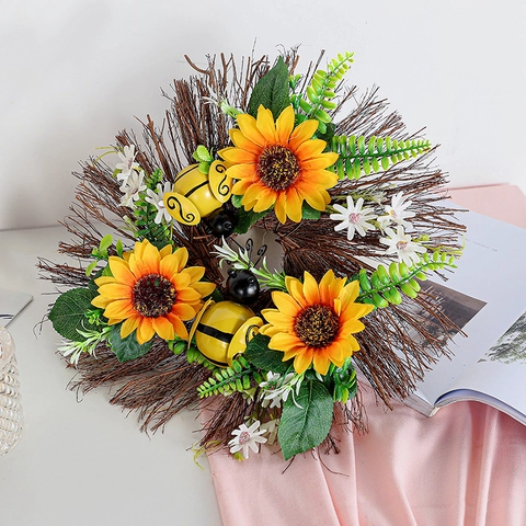 Künstlicher Sonnenblumenkranz Mit Sackleinenbogen Und Bienen Dekor Ländlicher Stil Für Haustür Hausdekoration