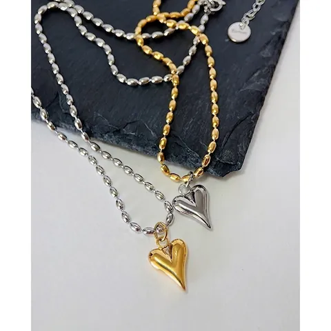 Collar Con Colgante De Corazón Acero De Titanio Chapado En Oro 18K Bicolor Pulido Espejo 3D Cadena Bolas Minimalista