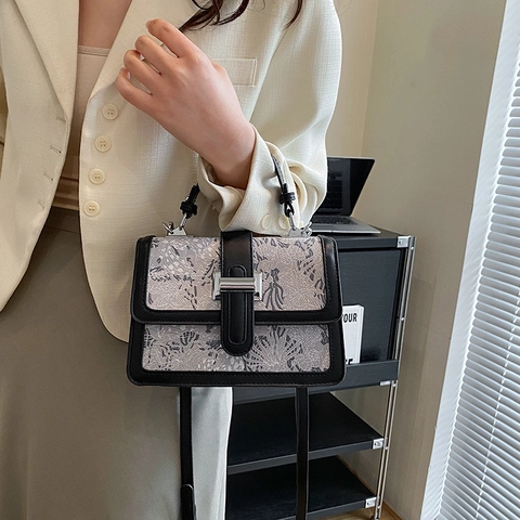 Women Square Crossbody Bag PU Leather Jacquard Floral Pattern Handbag Detachable Shoulder Strap Vintage Elegant