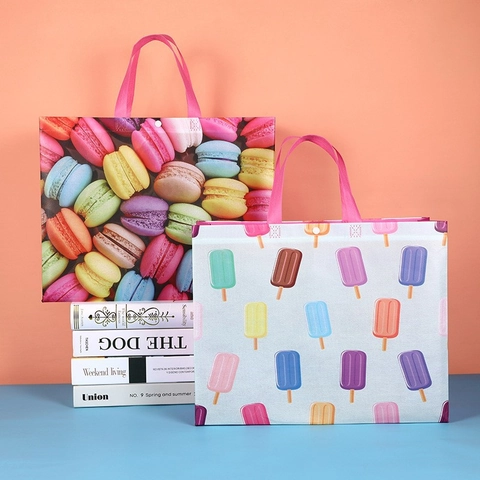 Reusable Tote Gift Bags Large Laminated Non Woven Shopping Bag With Snap Button Waterproof Floral Macaron Leopard Print