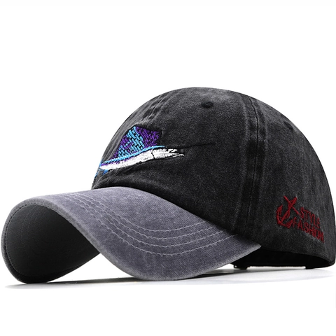 Washed Cotton Baseball Cap Vintage Distressed Fish Embroidered Color Block Outdoor Fishing Hat For Men Women Adjustable
