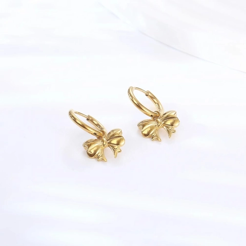 French Retro Bowknot Dangle Hoop Earrings Titanium Steel Gold Plated Delicate Vintage Jewelry For Women