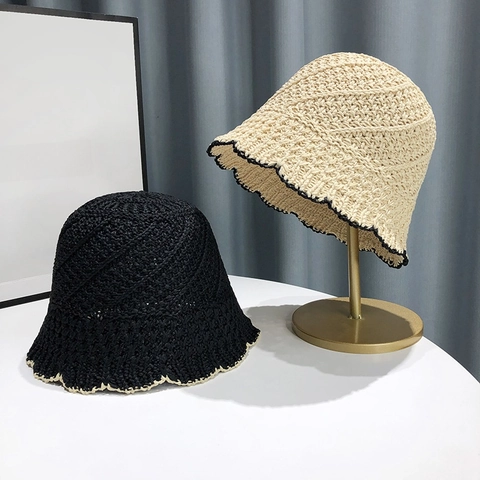 Chapeau Cloche Tissé Femmes Paille Crochet Respirant Creux Bord Ondulé Protection Solaire Style Japonais Rétro