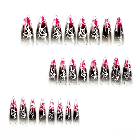 Uñas Postizas Stiletto Extra Largas Góticas Degradado Negro Rojo Con Decoración De Cruz De Metal 3D Y Cuentas Para Mujeres