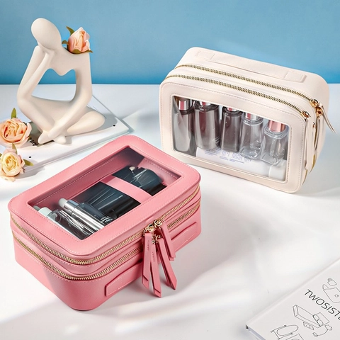 Women Large Capacity Makeup Bag PU Leather Transparent PVC Window Dual Layer Waterproof Travel Cosmetic Wash Pouch Handheld
