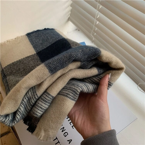 Blauwe Ruit Sjaal Voor Dames Winter Warm Kasjmier-achtig Dikke Omslagdoek Met Kwastjes Klassieke Britse Stijl Sjaal