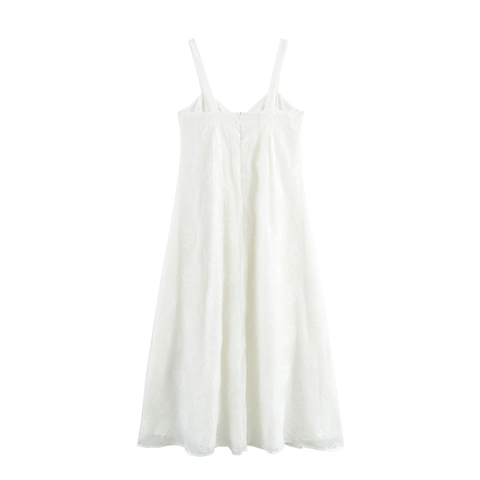 Witte Jacquard Spaghetti Bandjes Maxi Jurk Polyester Elegante Franse Vakantiestijl Vloeiende Lange Jurk Voor Dames