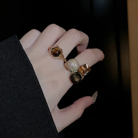 Vintage Open Ring For Women Luxury Geometric Zircon Rhinestone Crystal Brass Gold Plated Finger Jewelry Accessory