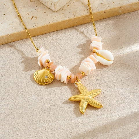 Collar Con Colgante De Estrella De Mar Concha Acero Inoxidable Chapado En Oro Piedra Playa Vacaciones Verano Para Mujer