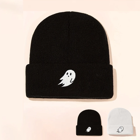 Cute Ghost Embroidered Beanie Hat Acrylic Knit Warm Winter Outdoor Halloween Costume Accessory Unisex