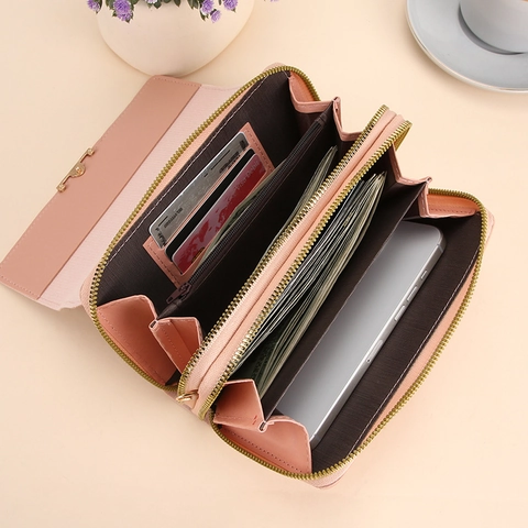Women Crossbody Cell Phone Bag PU Leather Litchi Texture Double Zipper Long Wallet With Round Coin Purse Korean Style
