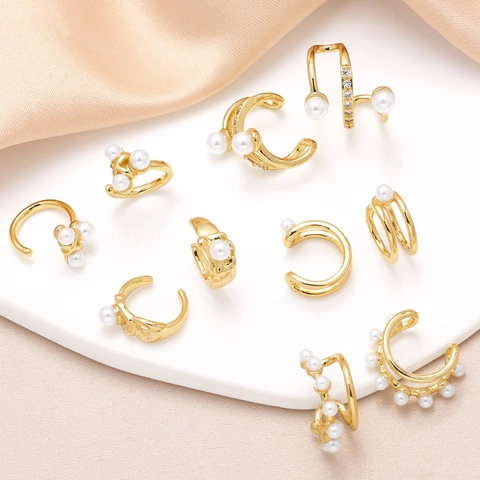 Minimalista Orecchino a Clip in Rame Placcato Oro Doppio Strato Con Perla Artificiale Strass Per Donna Gioielli Moda Geometrici