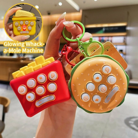Mini Whack-A-Mole Game Keychain Light Up Electronic Sensory Fidget Toy Creative Burger Fries Food Shape Backpack Pendant