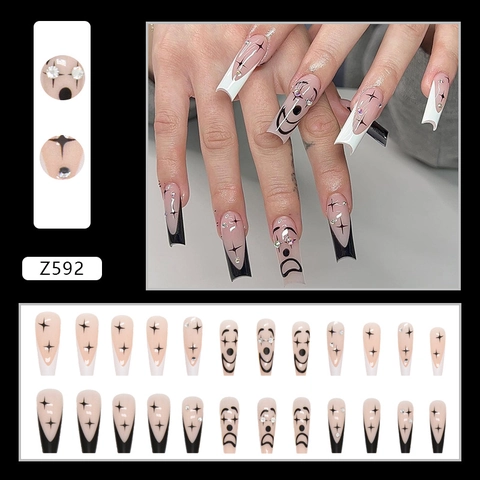 Uñas Postizas Forma De Ataúd Larga Puntas Francesas Blanco Y Negro Cara Sonriente Patrón De Estrellas Decoración De Diamantes De Imitación Estilo Dulce Para Mujeres