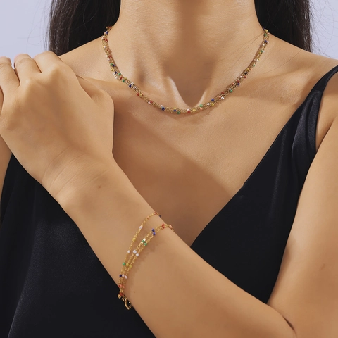 Collana E Bracciale Multistrato Acciaio Al Titanio Placcato Oro Perle Di Smalto Colorate Chiusura T-Bar Gioielli Boho Donna