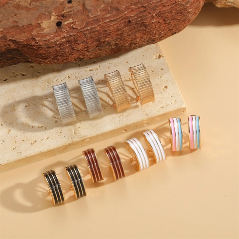 Vintage French Striped Enamel Hoop Earrings Copper 14K Gold Plated C-Shaped Stud Earrings For Women Retro Fashion Jewelry