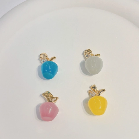 Apple Pendant Charm Copper 18K Gold Plated With Cat Eye Stone And Zircon DIY Jewelry Making For Necklace Bracelet