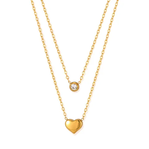 Collar con Colgante de Corazón de Acero Inoxidable de Doble Capa para Mujer Moda Chapado en Oro Circonia Dije Redondo