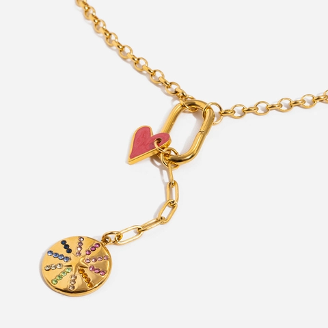 Stainless Steel 18K Gold Plated Necklace Colorful Rhinestone Heart Star Tassel Y Chain Vintage Jewelry Women