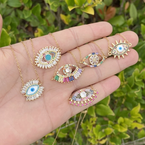 Evil Eye Anhänger Halskette Vergoldetes Kupfer Mit Bunten Zirkonia Boho Trendy Einzigartiger Schmuck Damen