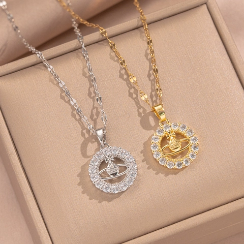Collana Con Ciondolo Pianeta Saturno Rame Placcato Oro Con Zircone Catena In Acciaio Inossidabile Gioielli Per Donna