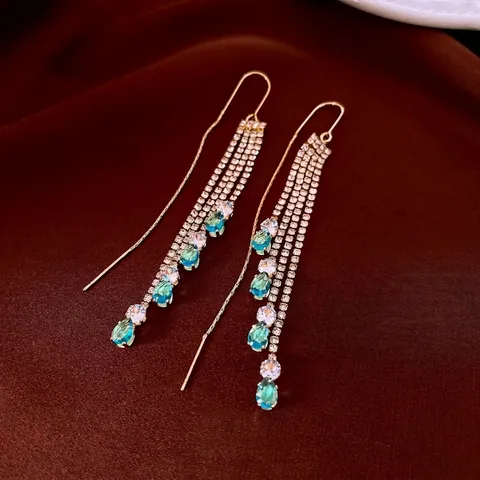 Boucles D'Oreilles Longues À Gland Zircon Bleu Goutte D'Eau Strass Base En Cuivre Tige En Argent Bijoux Femme Élégants