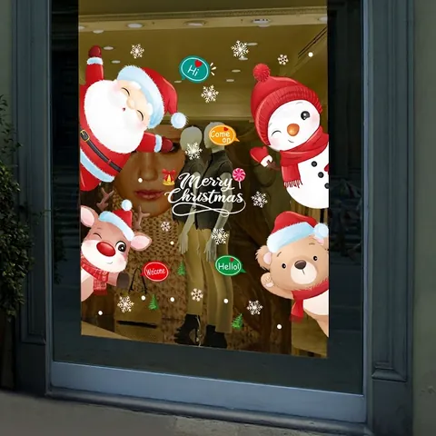 Christmas Window Stickers Santa Claus Snowman Reindeer PVC Waterproof Glass Clings Holiday Home Decor Cartoon Mural Decals