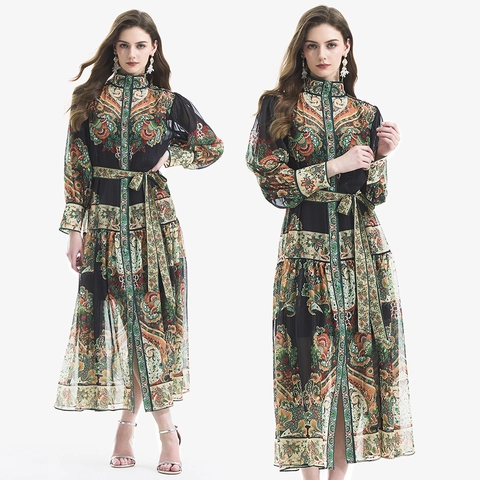 Vintage Paisley Print Maxi Dress Long Lantern Sleeve High Neck Belted Bohemian Style Fall Clothing For Women