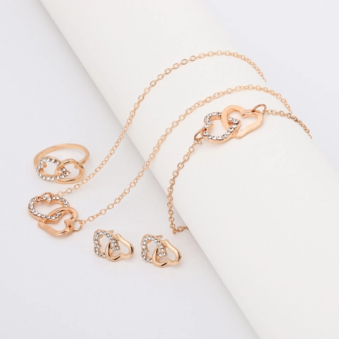 Gioielli In Lega Doppio Cuore Intrecciato Collana Bracciale Orecchini Anello Strass Intarsiato Elegante Romantico Per Donna