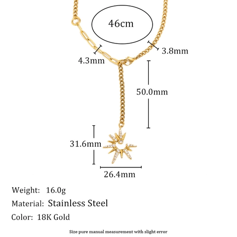 Collier Pendentif Étoile À Huit Branches Plaqué Or 18K Acier Inoxydable Strass Gland En Forme De Y Style INS Pour Femmes