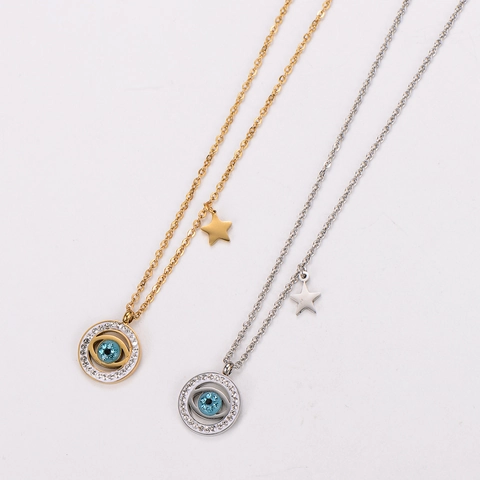 Collar Ojo Turco Estrella Acero Inoxidable 304 Rhinestone Circonita Azul Colgante Redondo Joyería De Moda Regalo Mujer