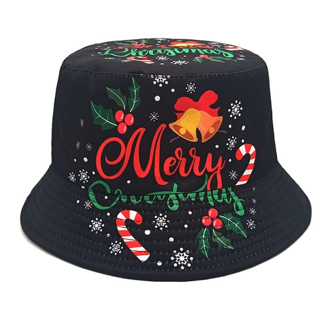 Merry Christmas Fischerhut Polyester Sonnenschutz Faltbar Vintage Feiertags Sonnenhut Mit Glocken Zuckerstange Schneeflocken