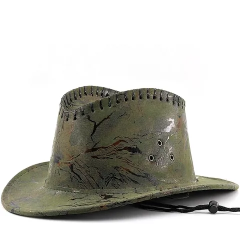 Vintage Western Cowboyhoed Marmeren Print Polyester Brede Rand Fedora Met Verstelbaar Windtouw Zonnescherm Buiten Jazz Stijl