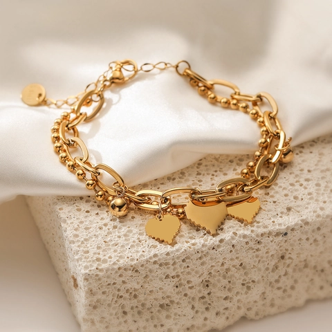Bracciale Con Ciondolo A Cuore A Doppio Strato Placcato Oro 18K Acciaio Inossidabile Gioielli Moda Chic Donna Chiusura Moschettone