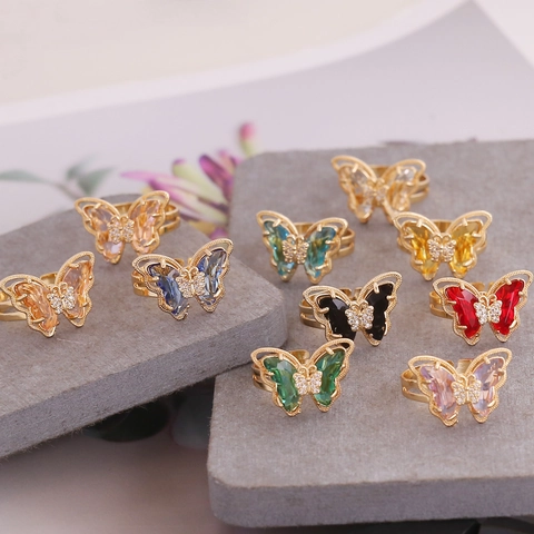 Bague Ouverte Papillon Cuivre Plaqué Or Avec Verre Coloré Zircon Bijoux Réglables Pour Femmes Tendance Élégante