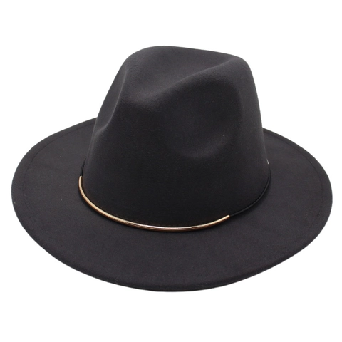 Cappello Fedora A Tesa Larga In Feltro Di Cotone Poliestere Vintage Jazz Cap Con Decorazione In Metallo Dorato E Corda Nera
