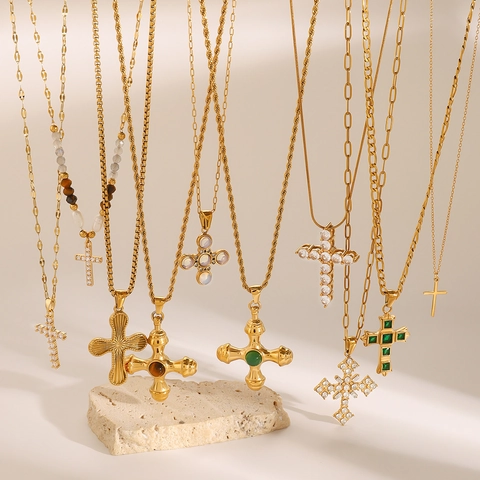 Collana Con Ciondolo A Croce In Acciaio Inossidabile Con Zircone E Pietra Naturale Ipoallergenica Gioielli Da Donna